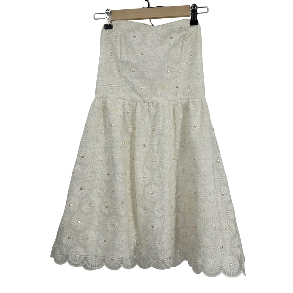 Lilly Pulitzer White Daisy Lace Pearl Strapless Dress Size 2 Floral Scallop Hem